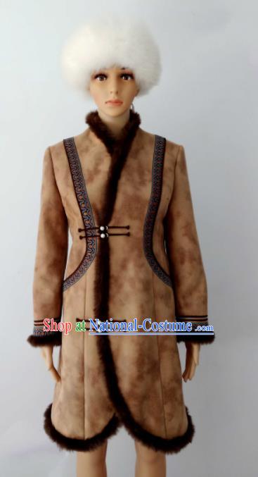 Chinese Traditional Ethnic Costumes Mongolian Minority Nationality Brown Robe for Women