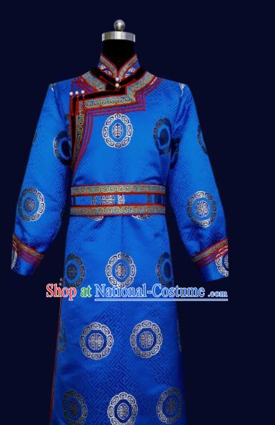 Chinese Traditional Mongol Minority Nationality Costume Blue Mongolian Robe for Men