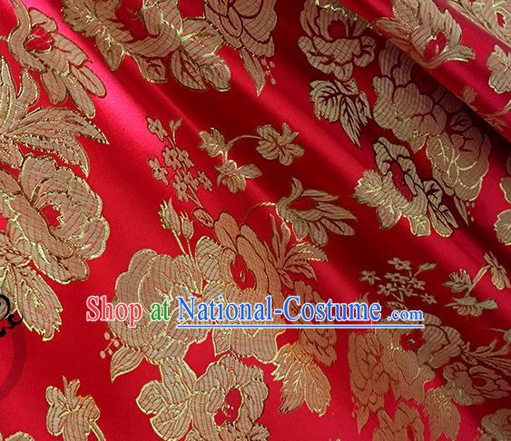 Chinese Traditional Red Brocade Classical Peony Pattern Design Silk Fabric Material Satin Drapery