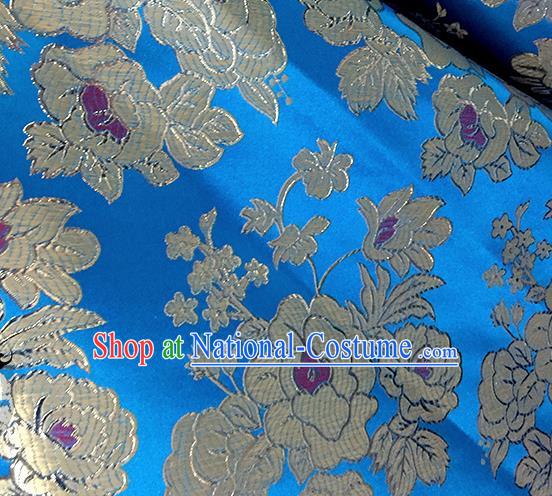 Chinese Traditional Blue Brocade Classical Peony Pattern Design Silk Fabric Material Satin Drapery