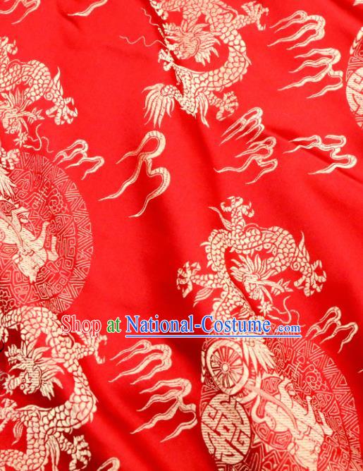 Chinese Traditional Red Brocade Classical Fire Dragons Pattern Design Silk Fabric Material Satin Drapery