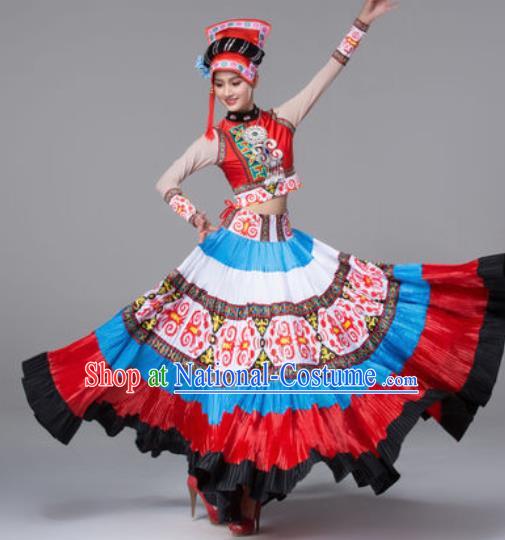 Chinese Traditional Ethnic Costumes Yi Minority Nationality Folk Dance Dress for Women