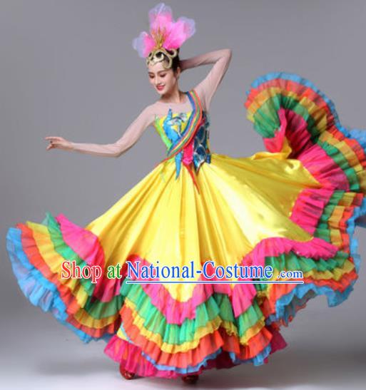 Traditional Chinese Classical Dance Yellow Dress Stage Performance Folk Dance Costume for Women