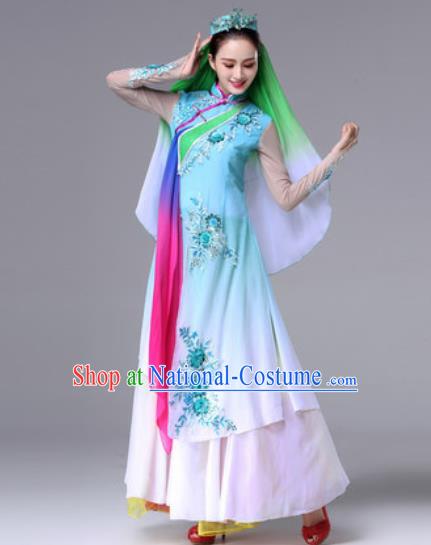 Chinese Traditional Ethnic Costumes Hui Minority Nationality Folk Dance Blue Dress for Women