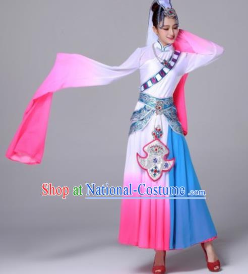 Chinese Traditional Ethnic Costumes Tibetan Minority Nationality Folk Dance Pink Dress for Women