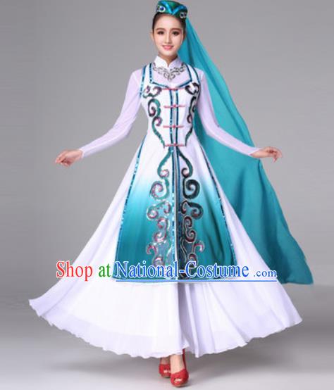 Chinese Traditional Ethnic Costumes Hui Minority Nationality Folk Dance Green Dress for Women