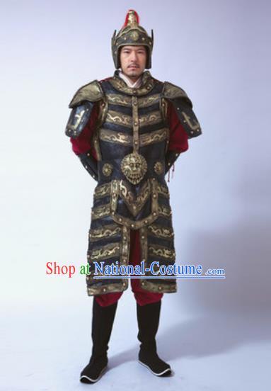 Traditional Chinese Ancient Qin Dynasty General Costumes Helmet and Body Armour for Men