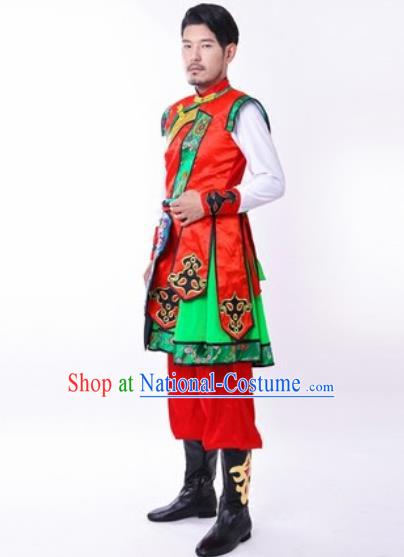 Chinese Traditional Folk Dance Red Costumes Mongolian Minority Dance Clothing for Men