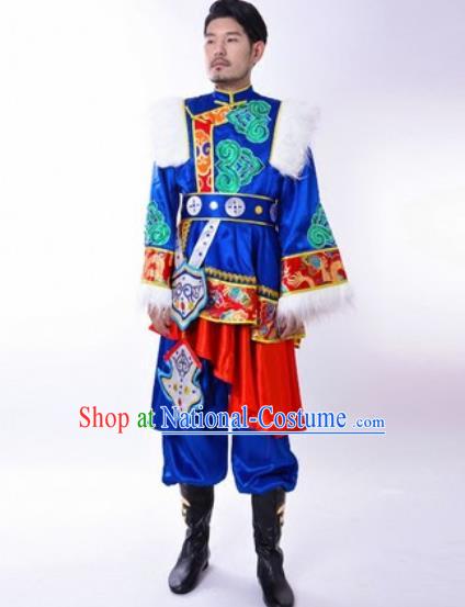 Chinese Traditional Folk Dance Royalblue Costumes Tibetan Minority Dance Clothing for Men