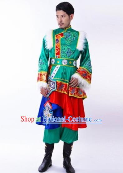 Chinese Traditional Folk Dance Green Costumes Tibetan Minority Dance Clothing for Men