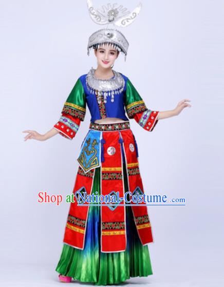 Chinese Traditional Miao Ethnic Costumes Hmong Minority Nationality Folk Dance Green Dress for Women