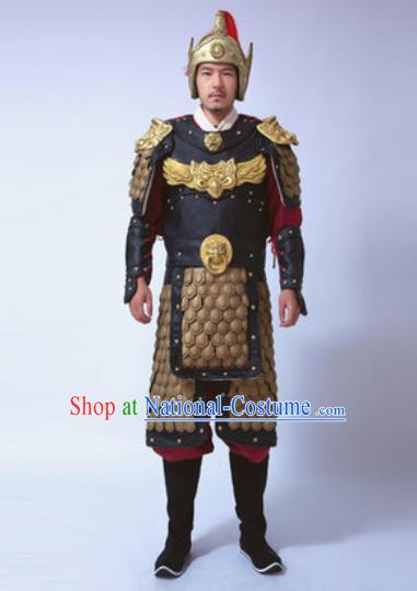 Traditional Chinese Ancient General Costumes Helmet and Body Armour for Men