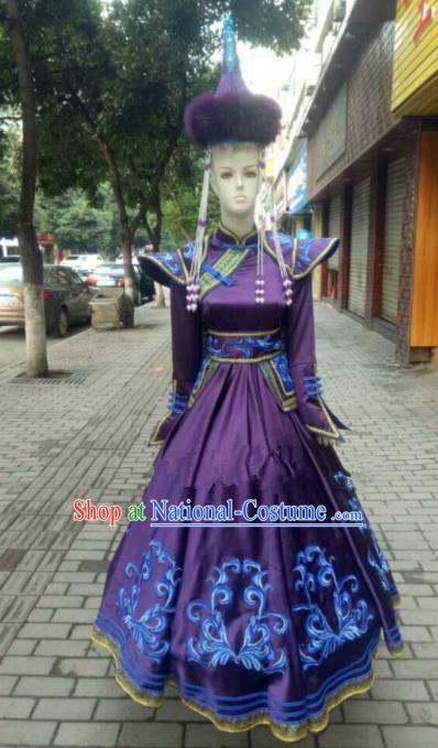 Chinese Traditional Mongol Nationality Purple Ethnic Costumes Mongolian Folk Dance Dress for Women