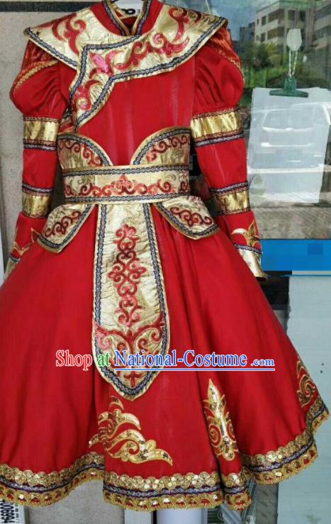 Chinese Traditional Mongol Nationality Costumes Mongolian Folk Dance Ethnic Red Dress for Kids