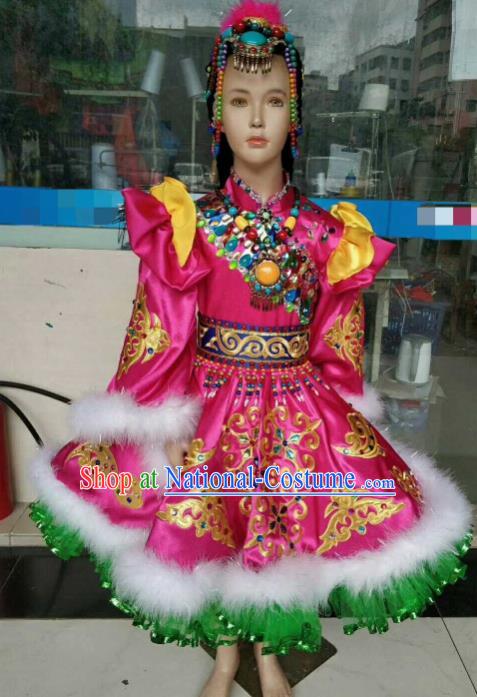 Chinese Traditional Mongol Nationality Rosy Costumes Mongolian Folk Dance Ethnic Dress for Kids