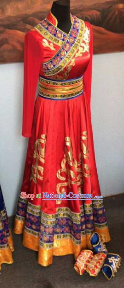 Chinese Traditional Mongol Nationality Ethnic Costumes Mongolian Folk Dance Red Dress for Women