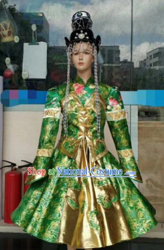 Chinese Traditional Mongol Nationality Green Costumes Mongolian Folk Dance Ethnic Dress for Kids