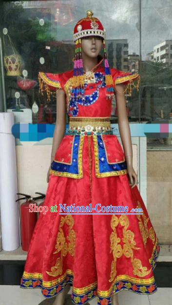 Chinese Traditional Mongol Nationality Red Costumes Mongolian Folk Dance Ethnic Dress for Women