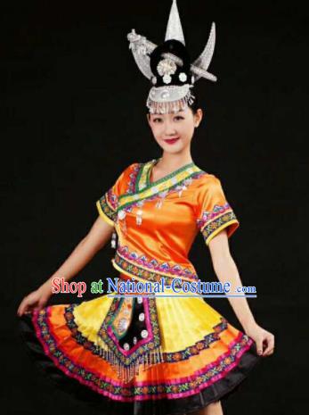 Chinese Traditional Miao Nationality Orange Costumes Hmong Folk Dance Ethnic Dress for Women