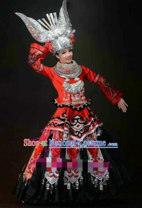 Chinese Traditional Miao Nationality Wedding Costumes Hmong Folk Dance Red Ethnic Dress for Women