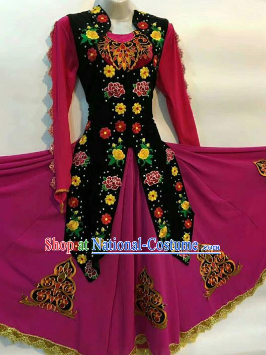 Chinese Traditional Uyghur Nationality Ethnic Costumes Uyghurian Folk Dance Purple Dress for Women