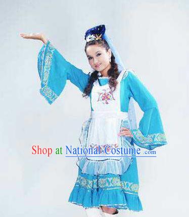 Chinese Traditional Tatar Nationality Wedding Costumes Folk Dance Blue Ethnic Dress for Women