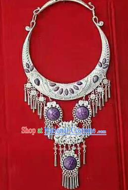 Chinese Traditional Dong Nationality Sliver Purple Necklace Ethnic Wedding Jewelry Accessories for Women