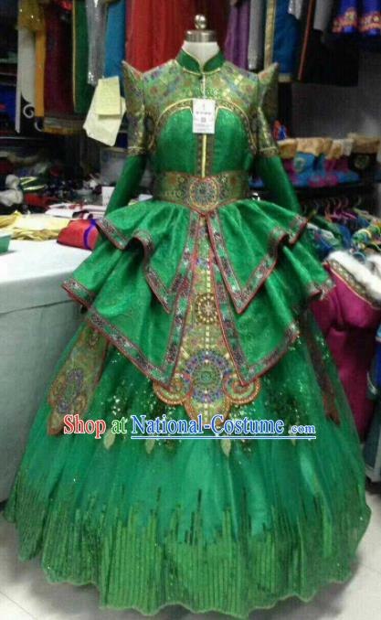 Chinese Traditional Mongol Nationality Costumes Mongolian Folk Dance Ethnic Green Dress for Women