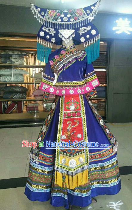 Chinese Traditional Zhuang Nationality Ethnic Costumes Folk Dance Royalblue Dress for Women