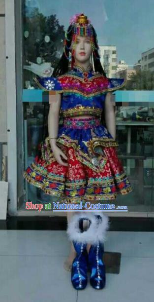 Chinese Traditional Zang Nationality Ethnic Costumes Tibetan Folk Dance Dress for Kids