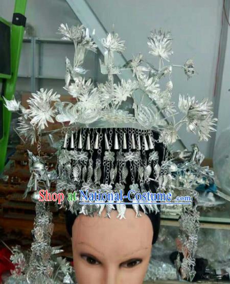 Traditional Chinese Miao Nationality Sliver Phoenix Coronet Hmong Ethnic Folk Dance Hair Accessories for Women