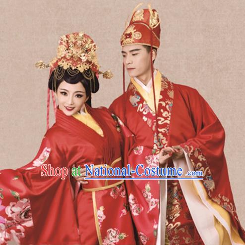 Traditional Chinese Ancient Han Dynasty Embroidered Wedding Costumes and Headpiece Complete Set for Women for Men