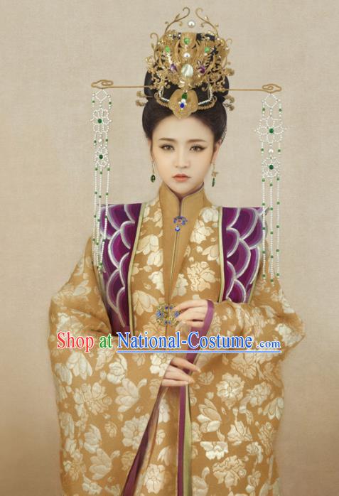 Chinese Ancient Ming Dynasty Palace Hanfu Dress Traditional Drama Empress Embroidered Costumes and Headpiece Complete Set