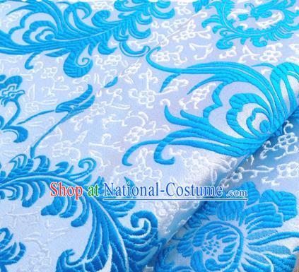 Chinese Traditional Blue Brocade Classical Ombre Flowers Pattern Design Silk Fabric Material Satin Drapery