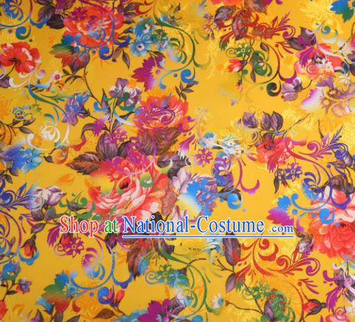 Chinese Traditional Yellow Brocade Classical Peony Flowers Pattern Design Silk Fabric Material Satin Drapery