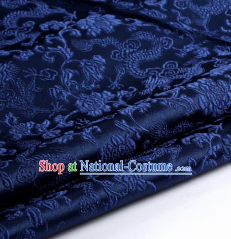 Chinese Traditional Tang Suit Navy Blue Brocade Classical Pattern Dragons Design Silk Fabric Material Satin Drapery