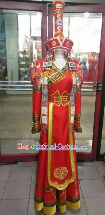 Chinese Traditional Mongol Nationality Costumes Mongolian Dance Red Dress and Hat for Women