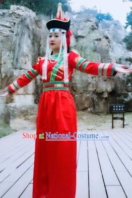 Chinese Traditional Mongol Nationality Costumes Mongolian Ethnic Folk Dance Red Dress and Hat for Women