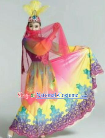 Chinese Traditional Uyghur Nationality Costumes Uyghurian Ethnic Folk Dance Dress and Hat for Women