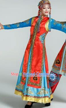 Chinese Traditional Mongol Nationality Costumes Mongolian Ethnic Folk Dance Dress and Hat for Women