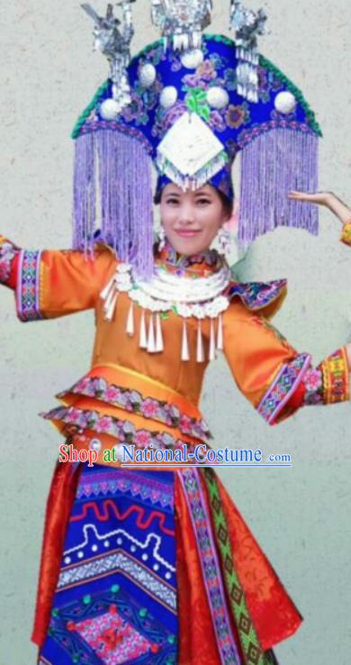 Chinese Traditional Zhuang Nationality Costumes Ethnic Folk Dance Orange Dress and Hat for Women