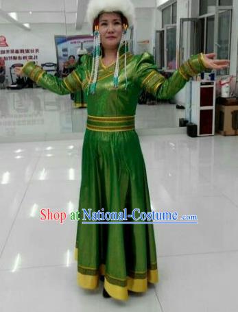 Chinese Traditional Mongol Nationality Costumes Mongolian Ethnic Folk Dance Green Dress and Hat for Women