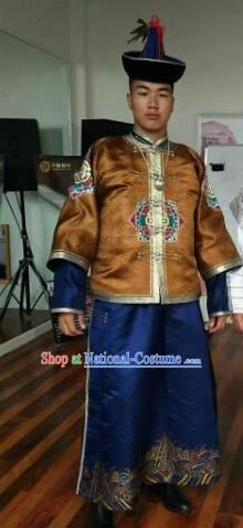 Chinese Traditional Mongol Nationality Costumes Mongolian Ethnic Brown Clothing and Hat for Men