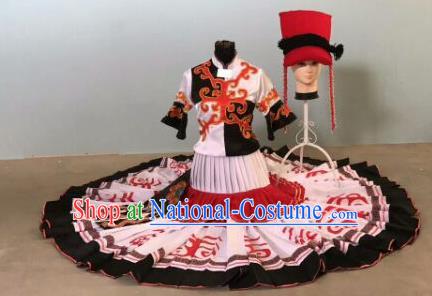 Chinese Traditional Qiang Nationality Costumes Ethnic Folk Dance Dress and Hat for Women