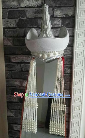 Chinese Traditional Mongol Nationality Dance Hair Accessories Mongolian Princess Ethnic White Hat for Women