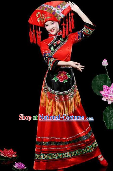 Chinese Traditional Zhuang Nationality Costumes Ethnic Folk Dance Red Dress and Hat for Women