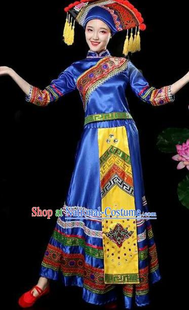 Chinese Traditional Zhuang Nationality Costumes Ethnic Folk Dance Blue Dress and Hat for Women