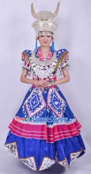 Chinese Traditional Miao Nationality Wedding Costumes Hmong Ethnic Folk Dance Dress and Headwear for Women