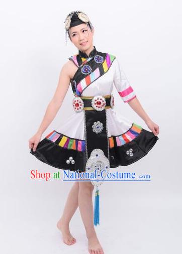 Chinese Traditional Zang Nationality Wedding Costumes Ethnic Folk Dance Dress and Headwear for Women