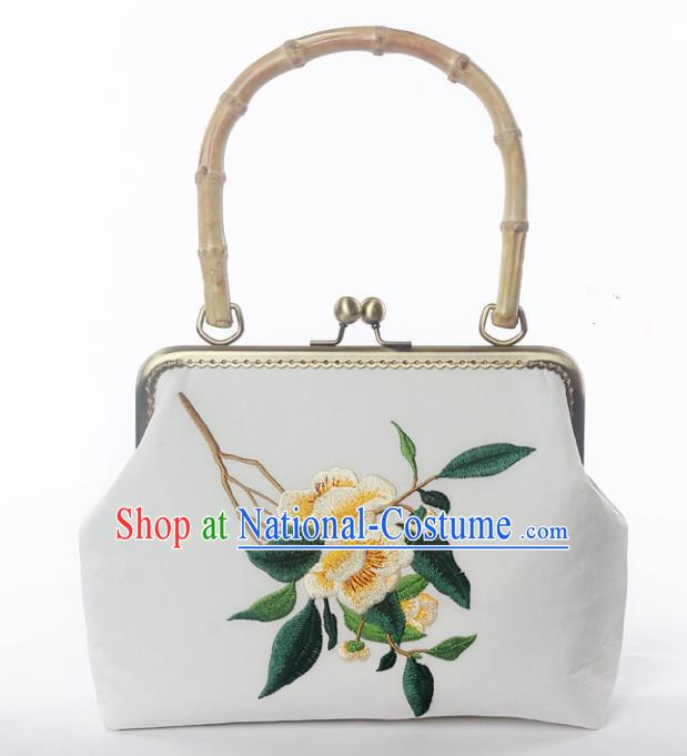 Chinese Traditional Handmade Embroidered Camellia White Bags Retro Handbag for Women